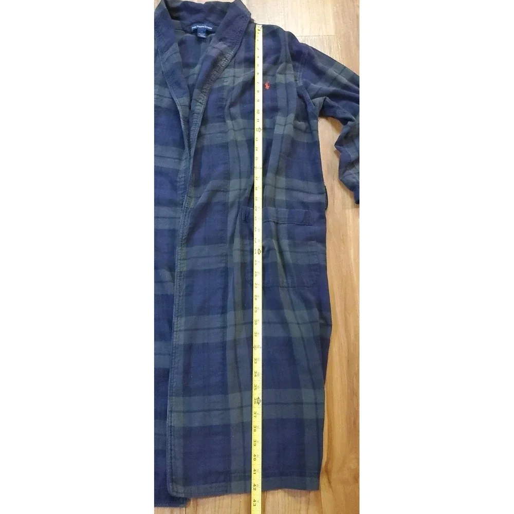 Polo Ralph Lauren Mens Plaid Flannel Robe Blue Green Size S/M 100% Cotton Pony